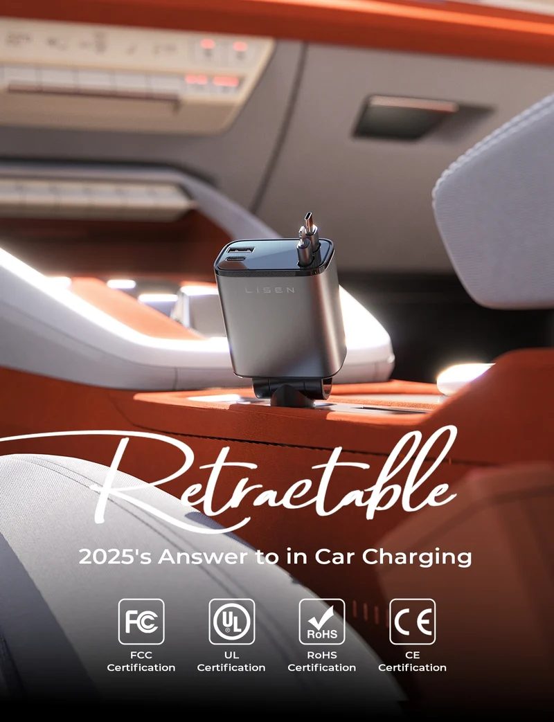 LISEN Retractable Car Charger, for Christmas Day Gifts for Men Women, 69W Cars Adapter USB C Fast Charger for iPhone 17, Car Accessories for Men Women Drivers, for iPhone 17 Pro Max Air 16 15 14 Plus