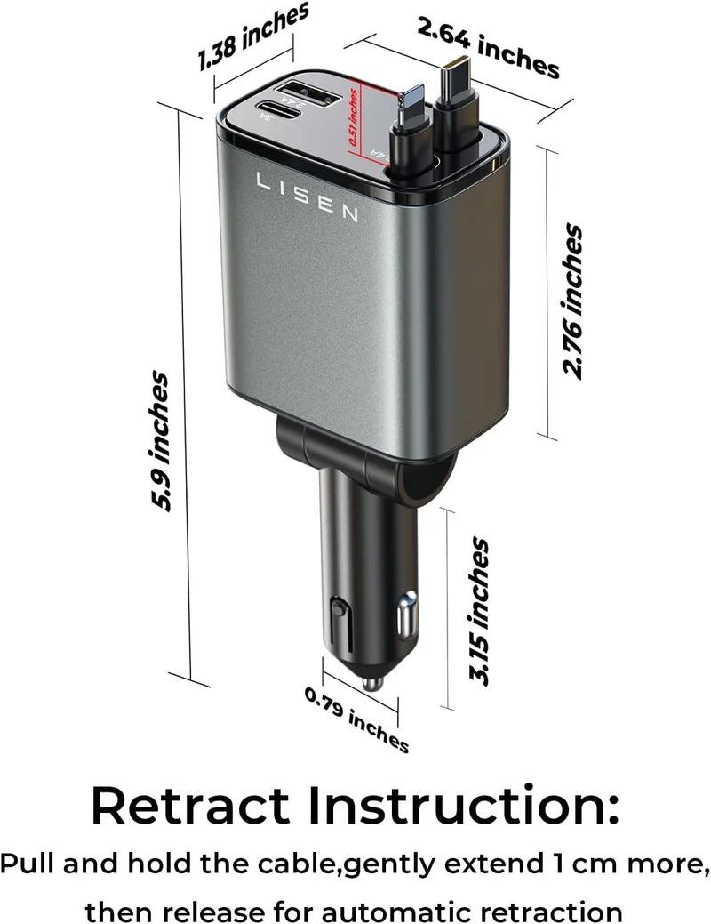 LISEN Retractable Car Charger, for Christmas Day Gifts for Men Women, 69W Cars Adapter USB C Fast Charger for iPhone 17, Car Accessories for Men Women Drivers, for iPhone 17 Pro Max Air 16 15 14 Plus