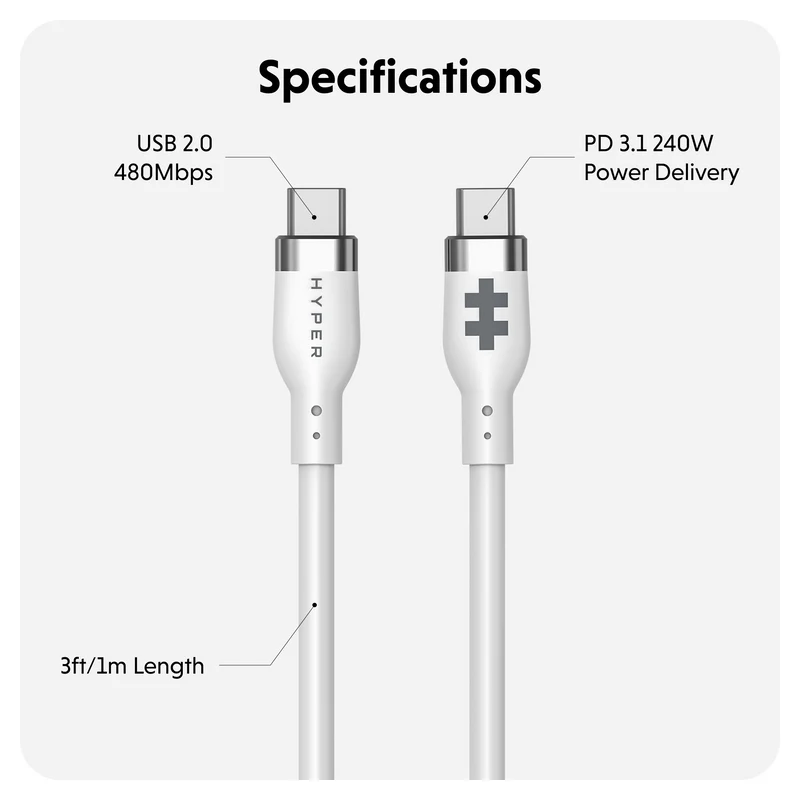 HyperJuice 240W Silikon USB-C zu USB-C Kabel (6ft/2m) - Weiß