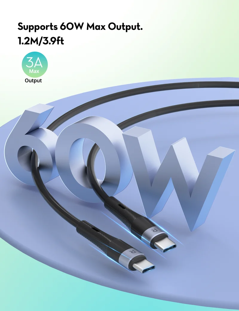 2 Pack RAVPower 60W Charge & Sync 60W Silicone C-C Cable 1M RP-CB1038