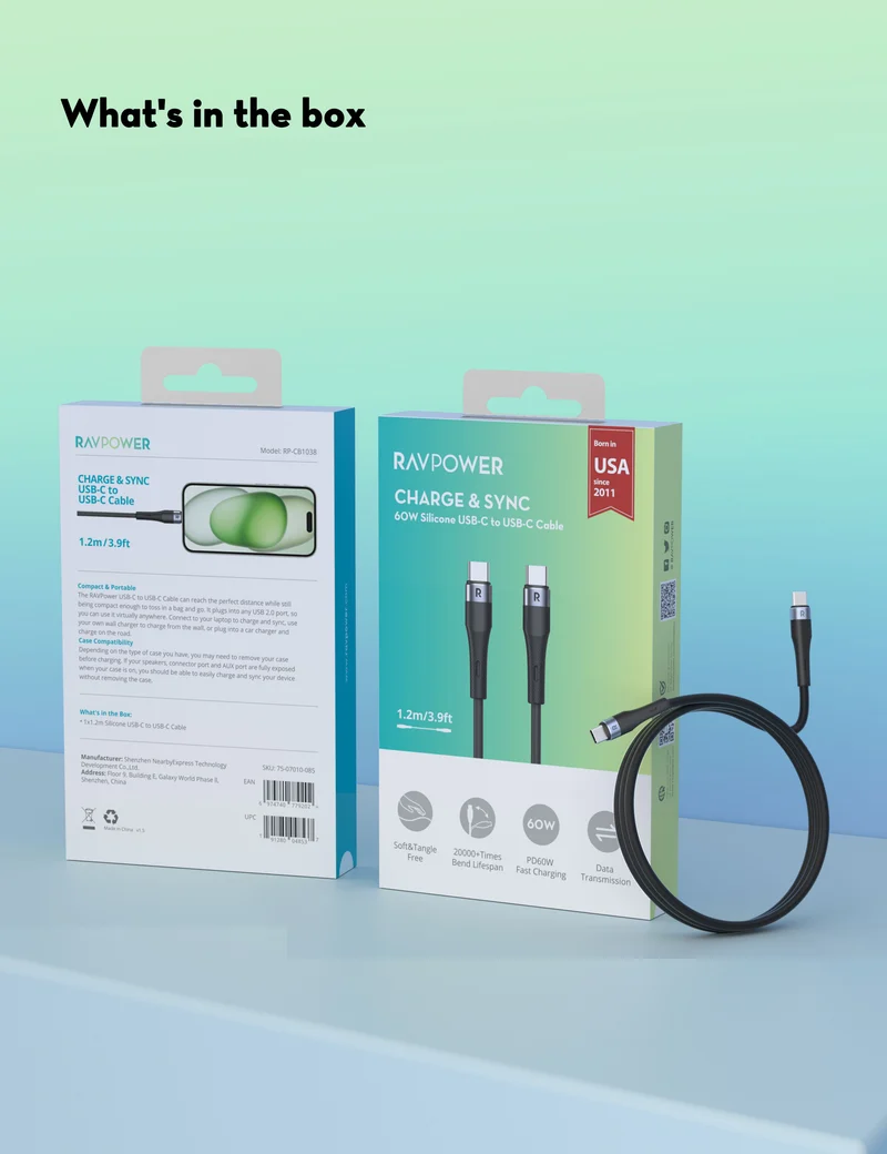 2 Pack RAVPower 60W Charge & Sync 60W Silicone C-C Cable 1M RP-CB1038