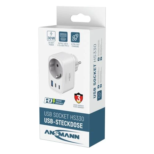ANSMANN USB-Ladegerät Home Socket HS330 / 3 A / 30 W / 3 Port, Weiß