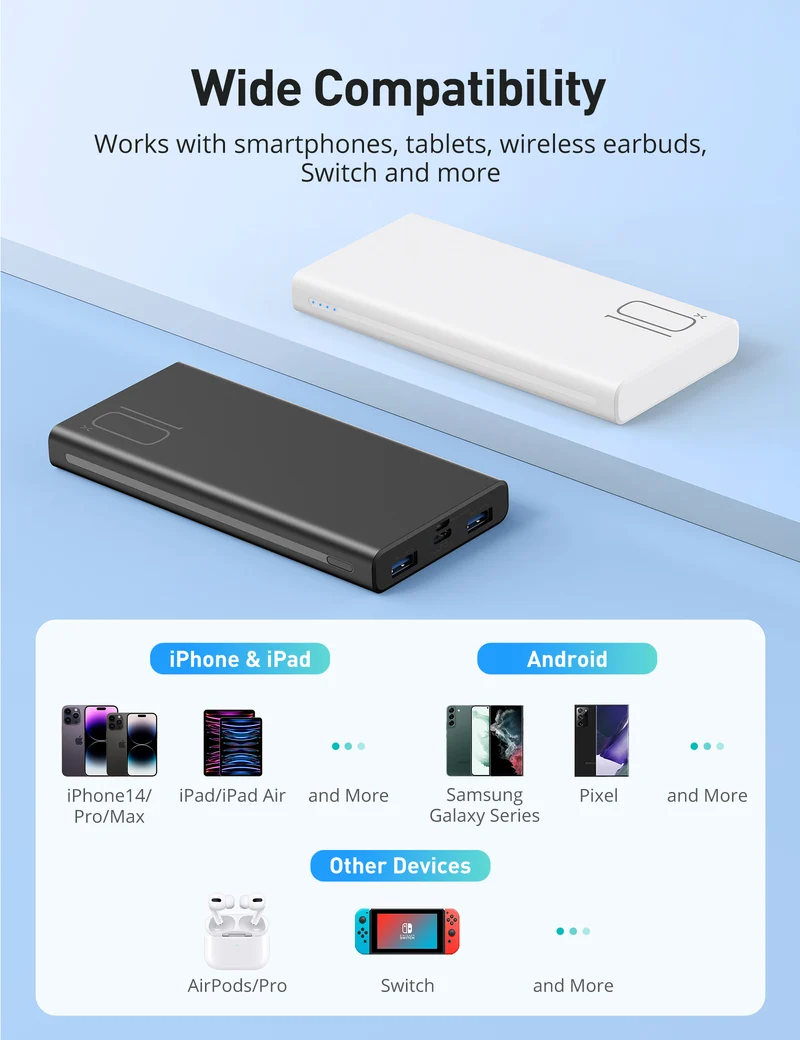RAVPower AF-PB010 10000mAh 15W Power Bank with USB-C Charging 5V 3A, 2 Pcs