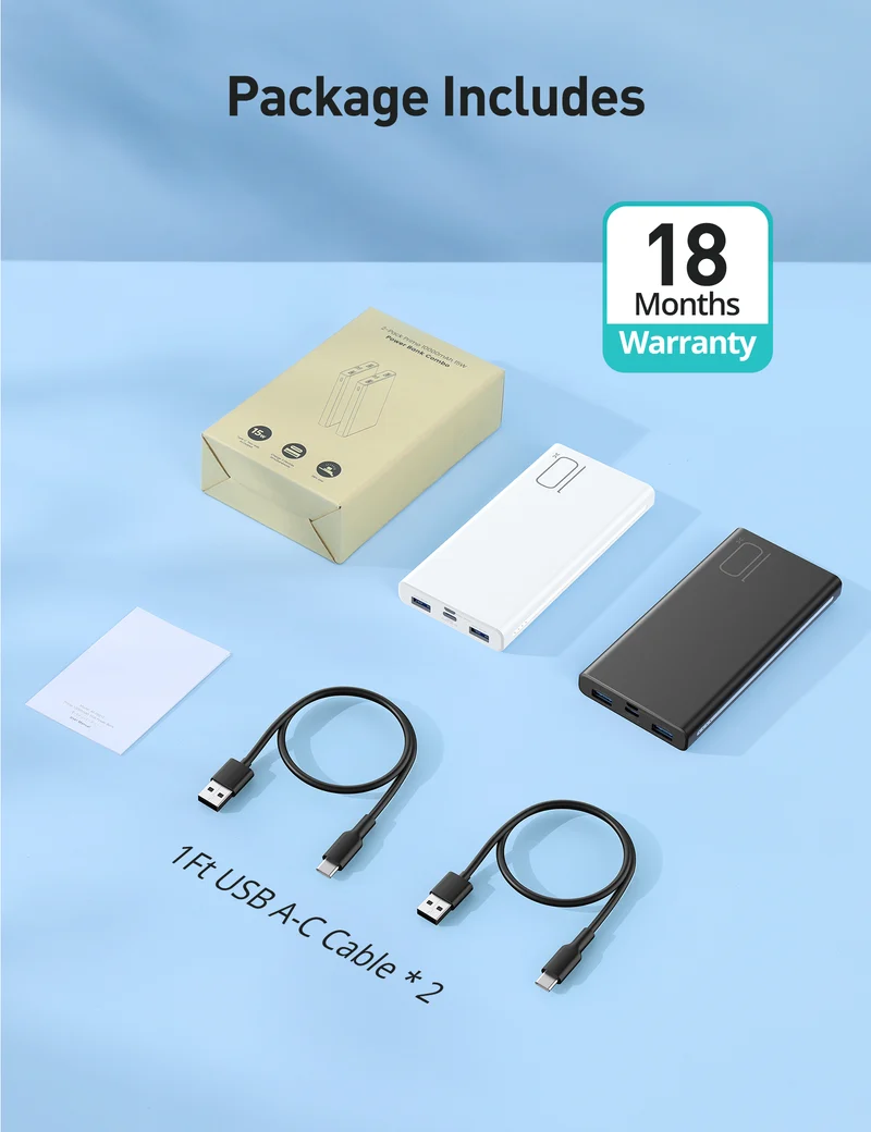 RAVPower AF-PB010 10000mAh 15W Power Bank with USB-C Charging 5V 3A, 2 Pcs
