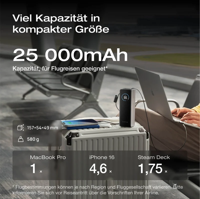 EcoFlow RAPID 25000mAh Powerbank in Grün, mit einziehbaren Kabeln