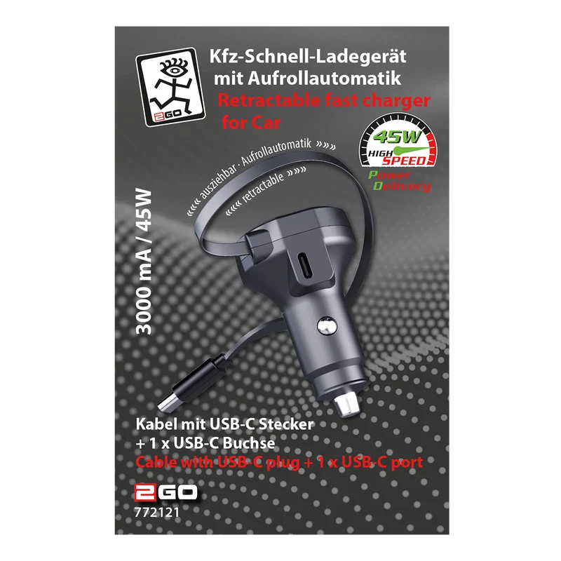 Kfz-Schnell-Ladegerät 12V / 24V - mit Aufrollautomatik - USB Type-C - 3000mA / 45W - anthrazit