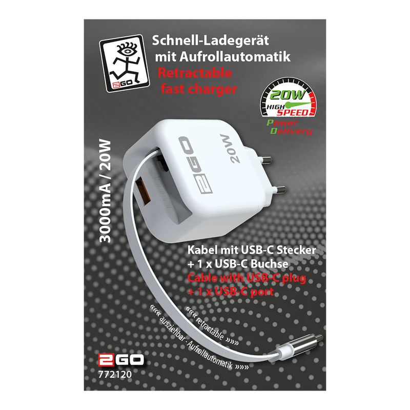 Schnell-Ladegerät 100V-240V - mit Aufrollautomatik - USB Type-C - 3000mA / 20W - weiß