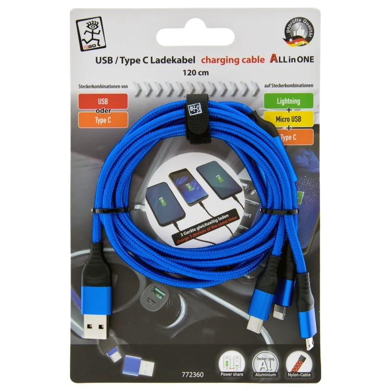 All in One USB Ladekabel - USB A / USB Type-C auf Micro-USB / 8-Pin (Lightning) / USB Type-C - 120 cm - diverse Farben (auf Kartonkarte)