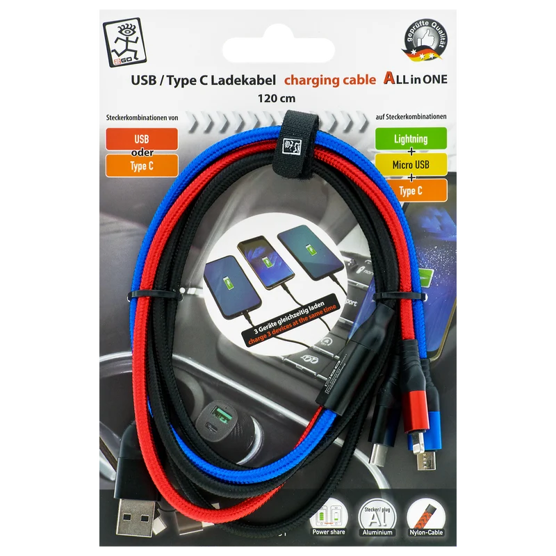 All in One USB Ladekabel - USB A / USB Type-C auf Micro-USB / 8-Pin (Lightning) / USB Type-C - 120 cm - diverse Farben (auf Kartonkarte)