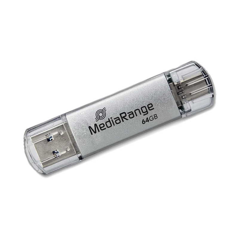 MediaRange USB 3.2 Gen 1 Combo Flash-Speicherstick mit USB-A und USB-C, mit Schutzkappen, Silber