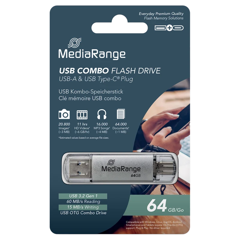 MediaRange USB 3.2 Gen 1 Combo Flash-Speicherstick mit USB-A und USB-C, mit Schutzkappen, Silber