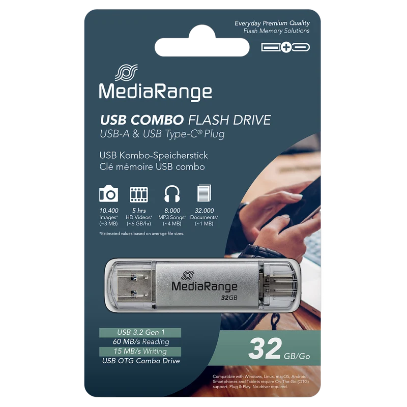 MediaRange USB 3.2 Gen 1 Combo Flash-Speicherstick mit USB-A und USB-C, mit Schutzkappen, Silber