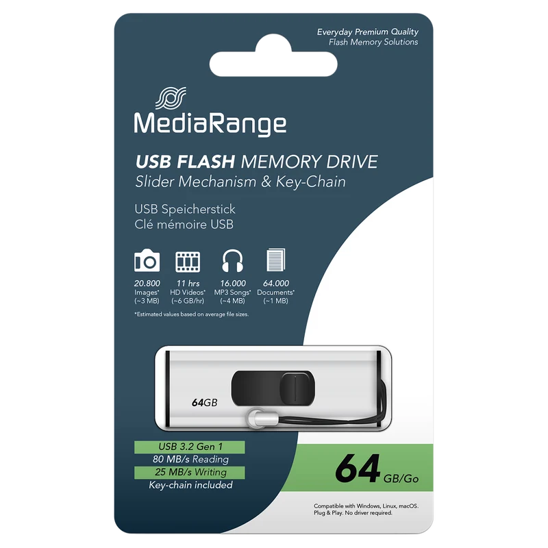 MediaRange USB 3.2 Gen 1 Flash-Speicherstick mit Schiebemechanismus und Schlüsselanhänger, Silber/Schwarz, verschiedene Kapazitäten