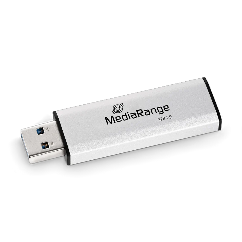 MediaRange USB 3.2 Gen 1 Flash-Speicherstick mit Schiebemechanismus und Schlüsselanhänger, Silber/Schwarz, verschiedene Kapazitäten