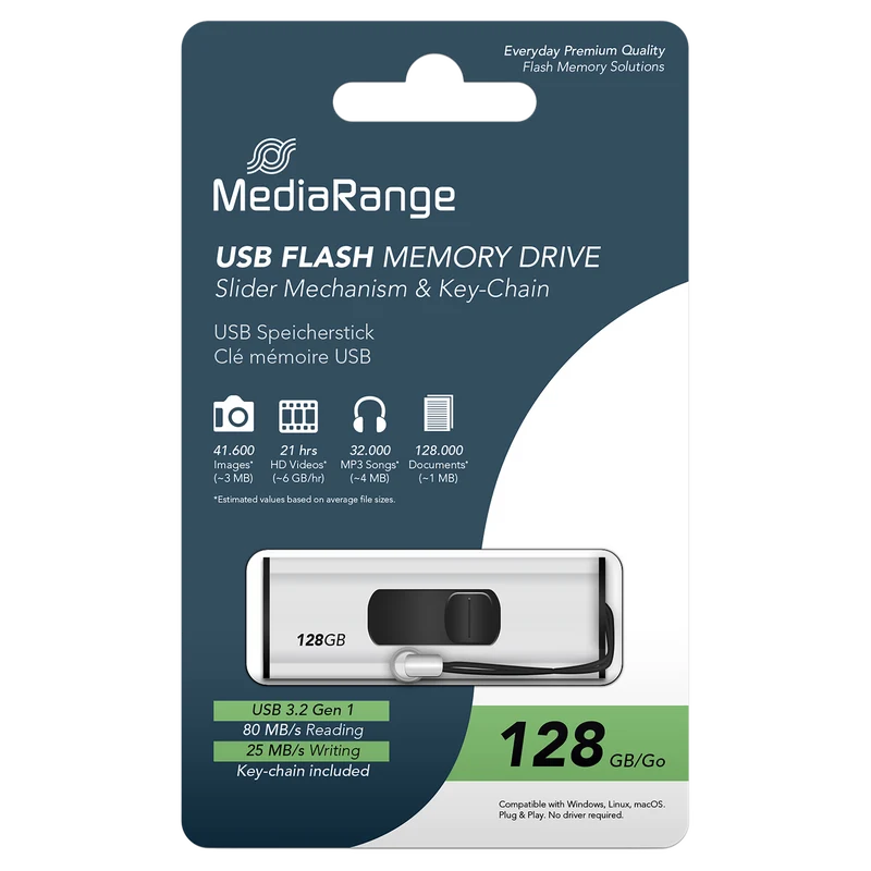 MediaRange USB 3.2 Gen 1 Flash-Speicherstick mit Schiebemechanismus und Schlüsselanhänger, Silber/Schwarz, verschiedene Kapazitäten