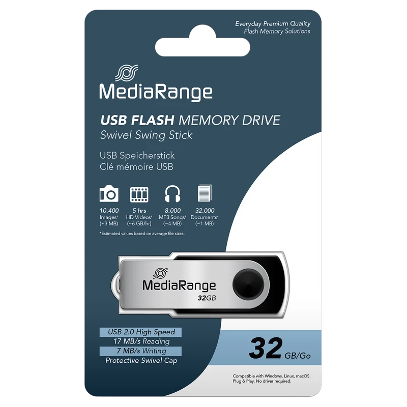 MediaRange USB 2.0 Flash-Speicherstick, Drehgehäuse, Silber/Schwarz, verschiedene Kapazitäten