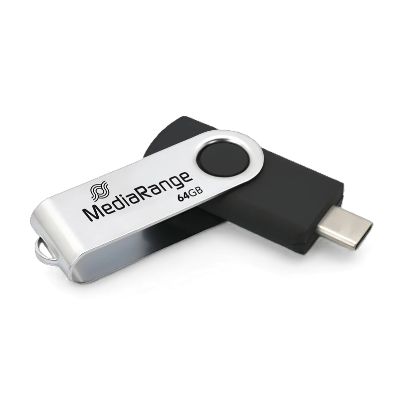 MediaRange USB Type-C 3.2 Gen 1 Flash-Speicherstick, Drehgehäuse, Silber/Schwarz, verschiedene Kapazitäten