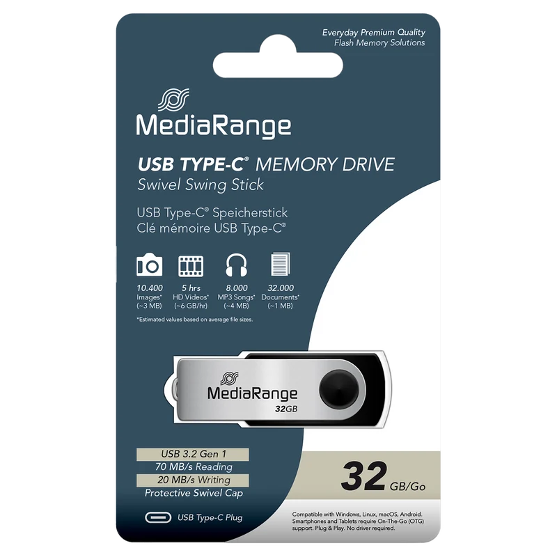 MediaRange USB Type-C 3.2 Gen 1 Flash-Speicherstick, Drehgehäuse, Silber/Schwarz, verschiedene Kapazitäten