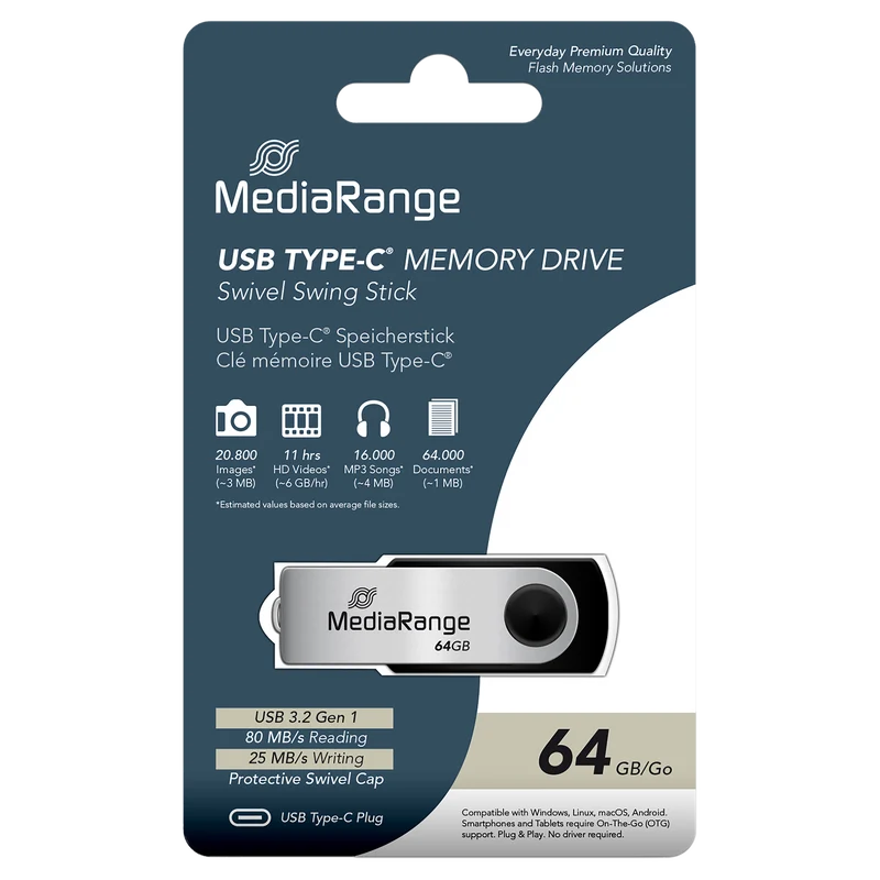 MediaRange USB Type-C 3.2 Gen 1 Flash-Speicherstick, Drehgehäuse, Silber/Schwarz, verschiedene Kapazitäten