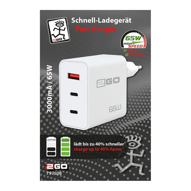 Netz-Ladegerät 100 V - 240 V - Power Delivery - 1 x USB A & 2 x USB Type-C - 65 W - 3000 mA - weiß