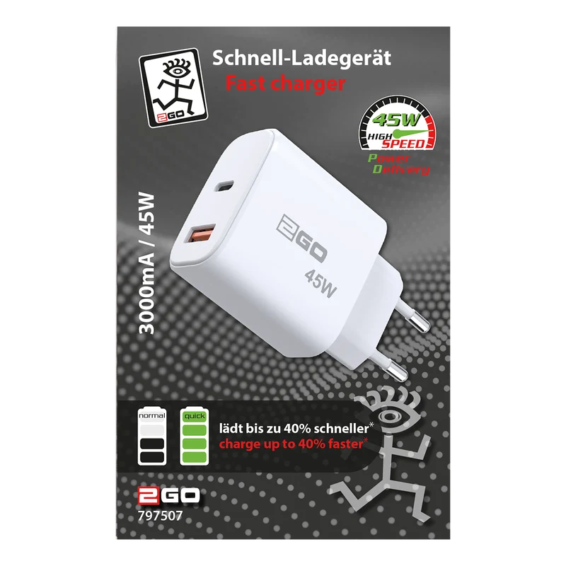 Netz-Ladegerät 100 V - 240 V - Power Delivery - 1 x USB A & 1 x USB Type-C - 45 W - 3000 mA - weiß