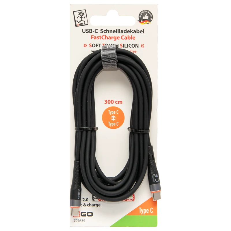 USB Datenkabel - USB Type-C auf USB Type-C - Soft Touch Silikon - 300 cm - schwarz