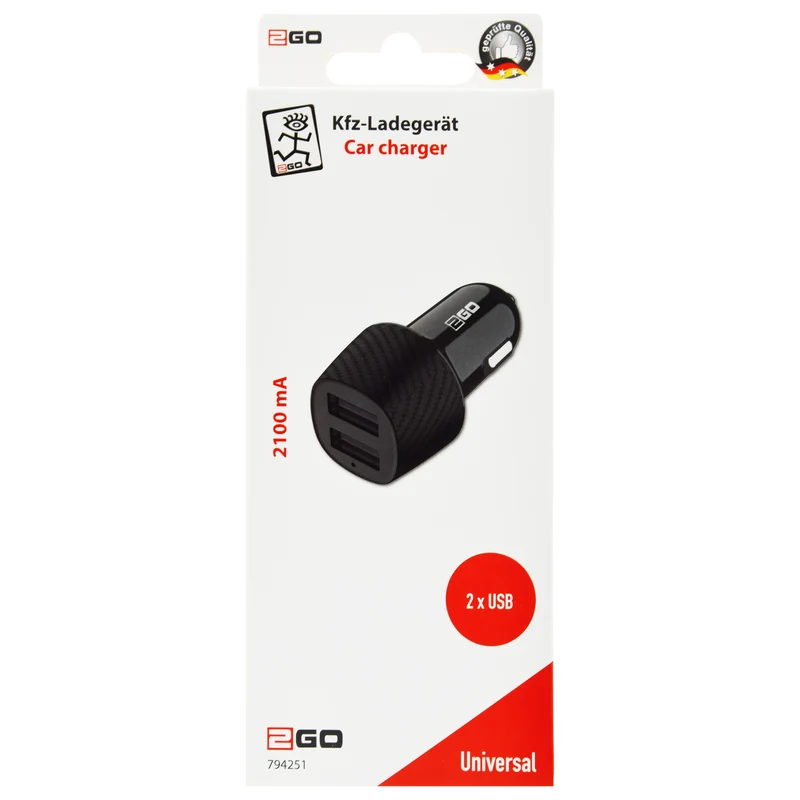 Kfz-Ladegerät 12 V / 24 V - 2 x USB A - 10 W - 2000 mA - schwarz