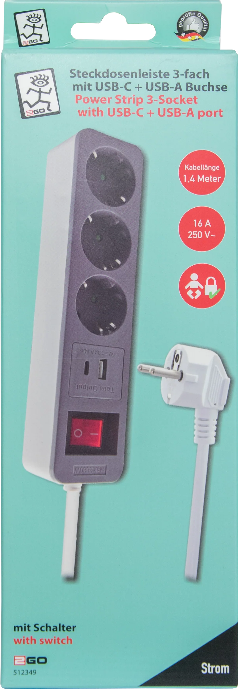 Steckdosenleiste 3-fach mit beleuchtetem Schalter - zusätzliche USB A & USB Type-C Buchse - 3400 mA - 16A - 3680W - 140cm - weiß/grau