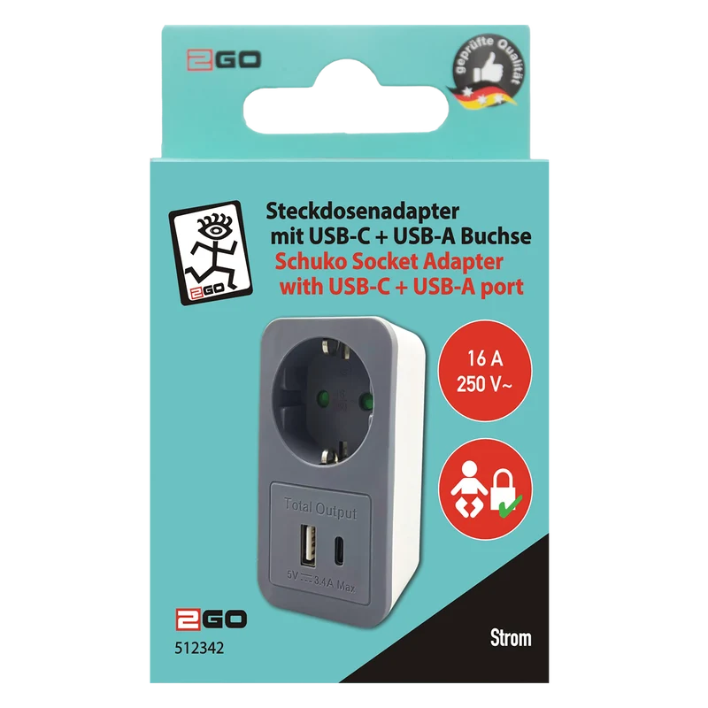 Steckdosenadapter - mit zusätzlicher USB A & USB Type-C Buchse - 3400 mA - max 16A - weiß/grau