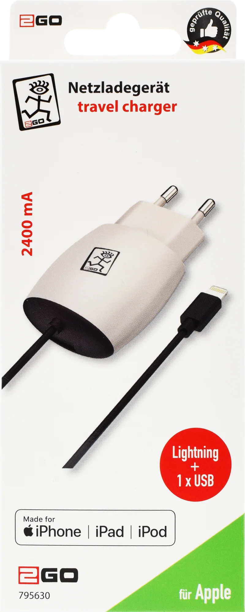 Netz-Ladegerät 100 V - 240 V - MFI zertifiziert - Apple 8-Pin & 1 x USB A - 12 W - 2400 mA - weiß