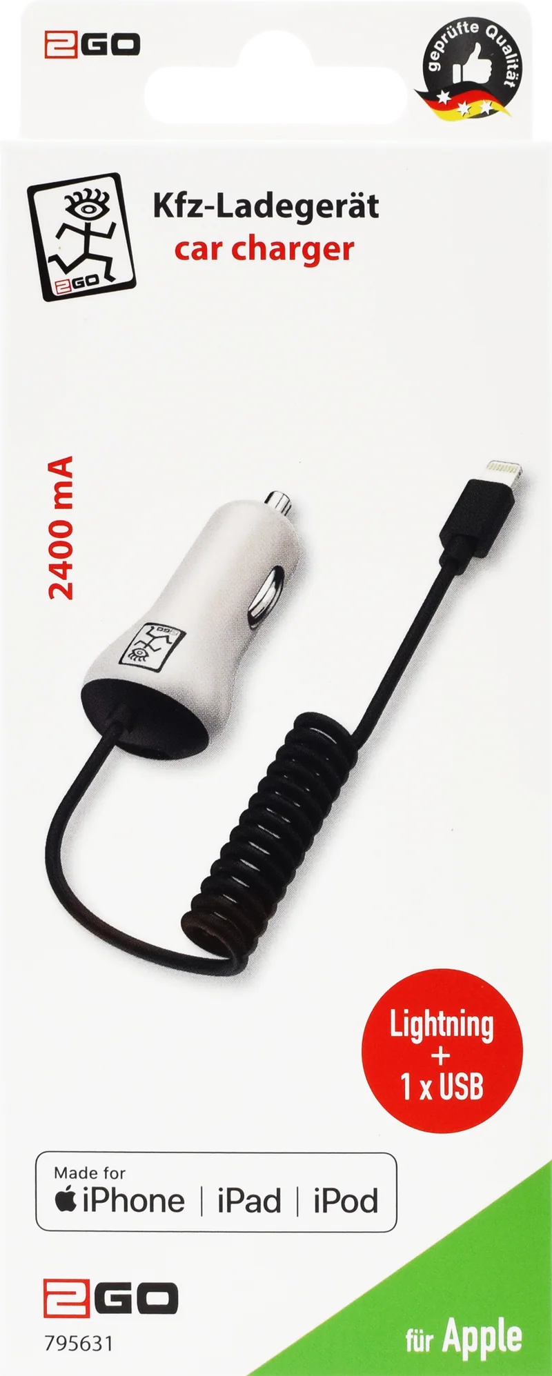 Kfz-Ladegerät 12 V / 24 V - MFI zertifiziert - Lightning & 1 x USB A - 12 W - 2400 mA - schwarz / weiß