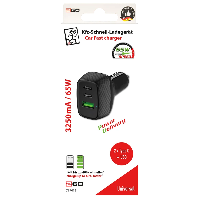 Kfz-Ladegerät 12 V / 24 V - Power Delivery - 1 x USB A & 2 x USB Type-C - 65 W - 3250 mA - schwarz