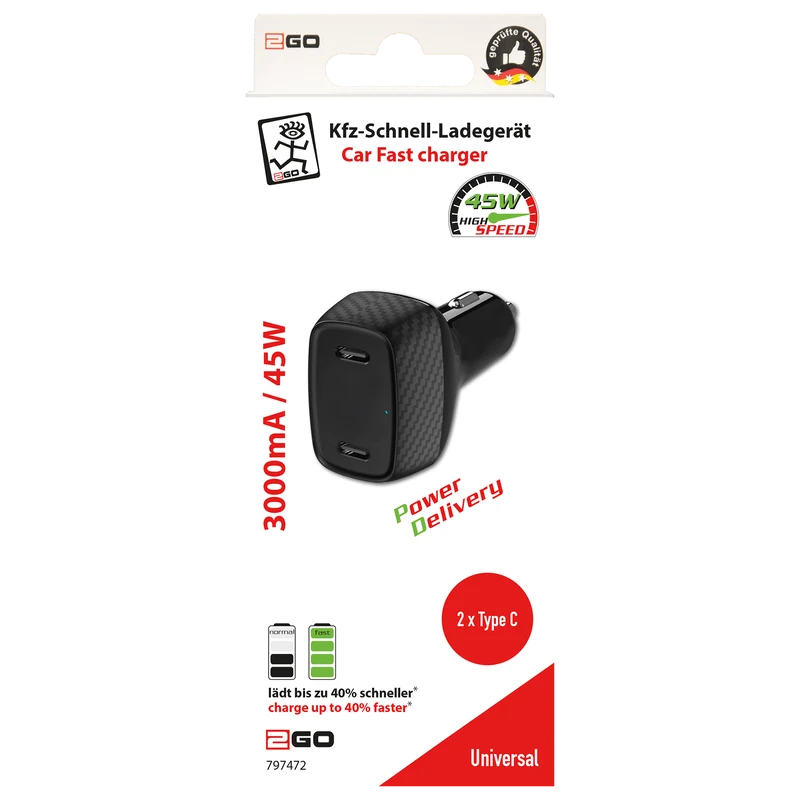 Kfz-Ladegerät 12 V / 24 V - Power Delivery - 2 x USB Type-C - 45 W - 3000 mA - schwarz