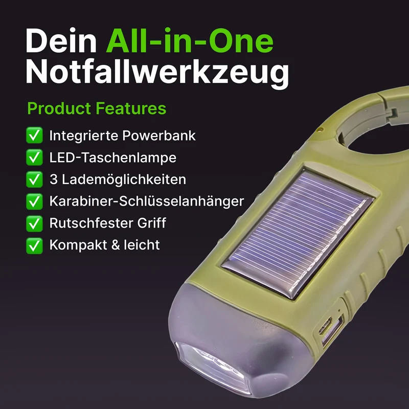 Solarbetriebene Handkurbel-Taschenlampe mit integrierter Powerbank