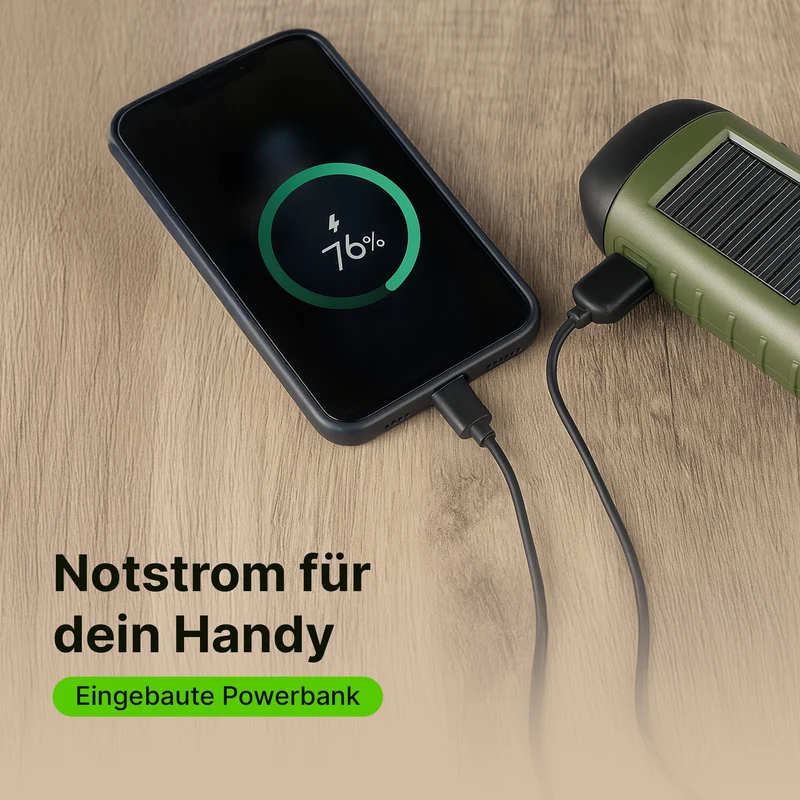Solarbetriebene Handkurbel-Taschenlampe mit integrierter Powerbank