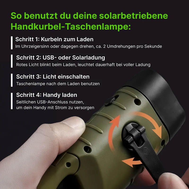Solarbetriebene Handkurbel-Taschenlampe mit integrierter Powerbank