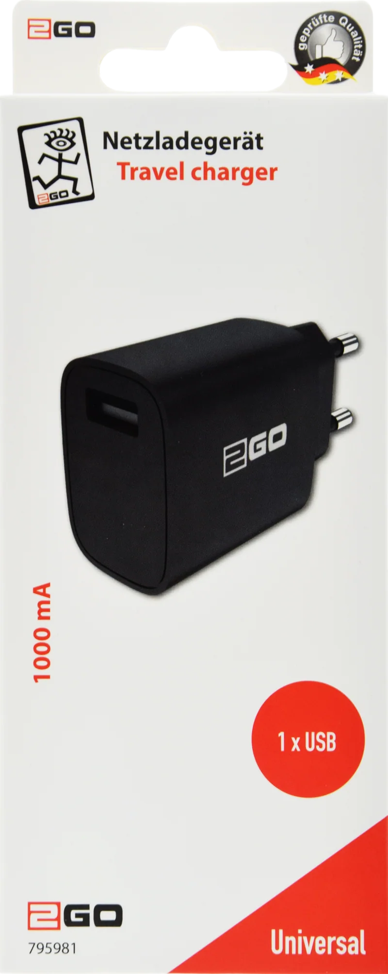 Netz-Ladegerät 100 V - 240 V - 1 x USB A - 5 W - 1000 mA - schwarz