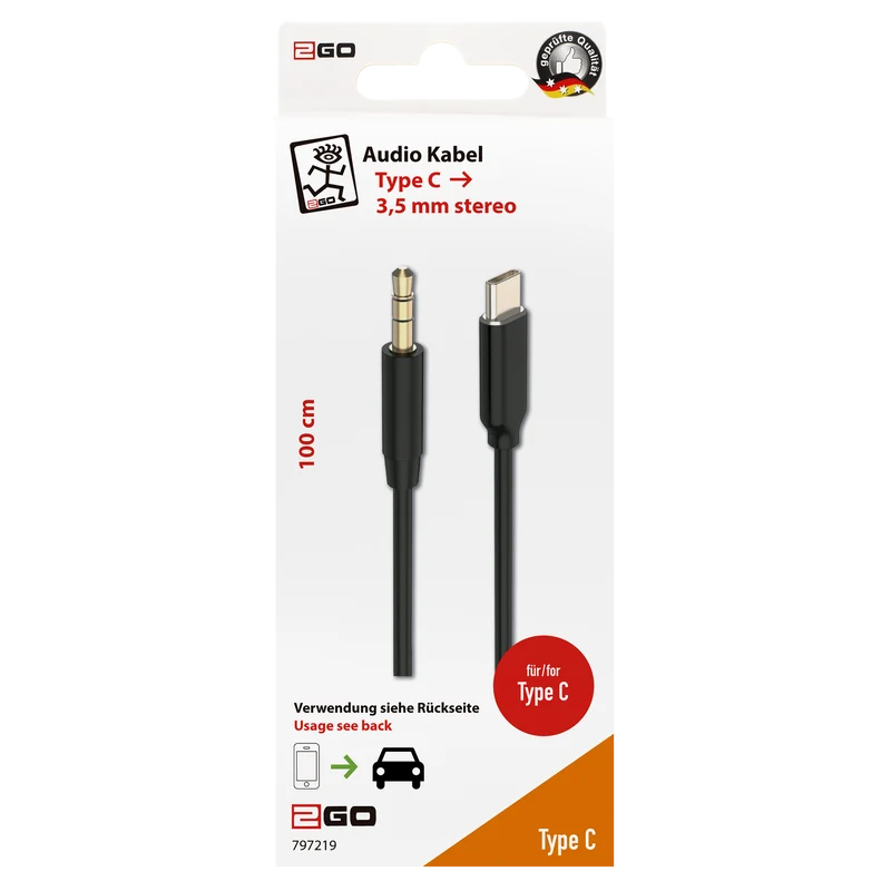 AUX / MP3 Audiokabel - 3,5 mm Klinkenstecker auf USB Type-C Stecker - vergoldete Stecker - 100 cm - schwarz