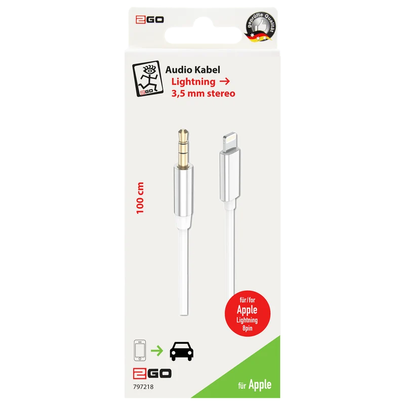 AUX / MP3 Audiokabel - 3,5 mm Klinkenstecker auf 8-Pin (Lightning-Stecker) - vergoldete Stecker - 100 cm - weiß