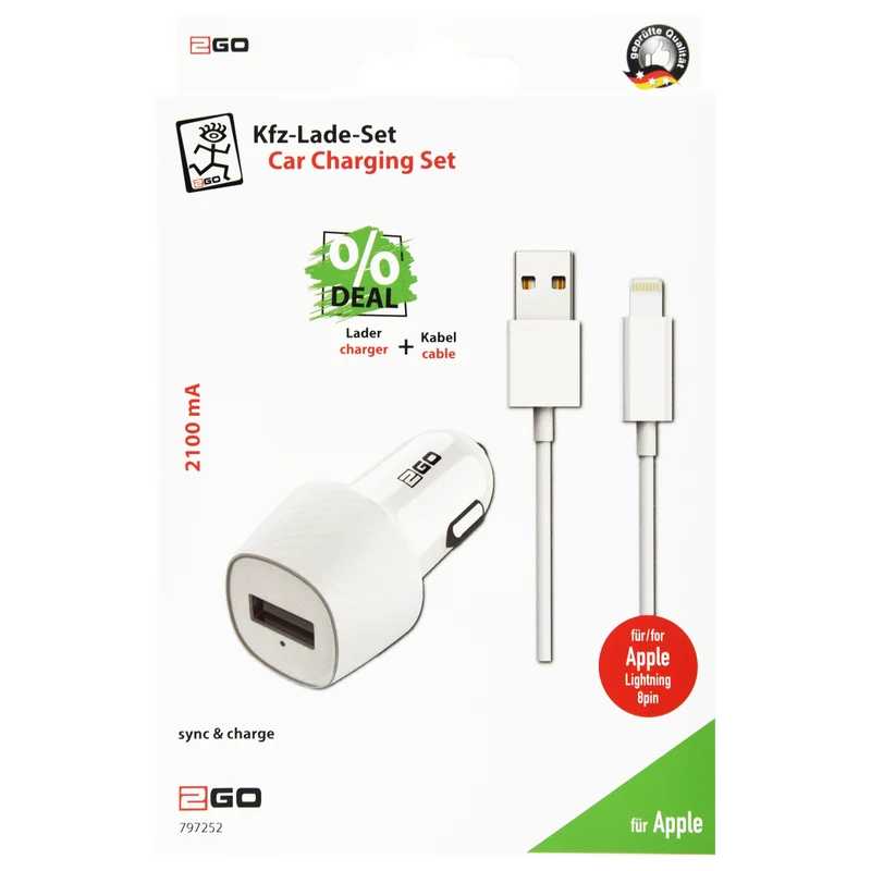 Kfz-Ladeset 12 V / 24 V - 2-teilig - Lightning Kabel - 10 W - 2100 mA - weiß