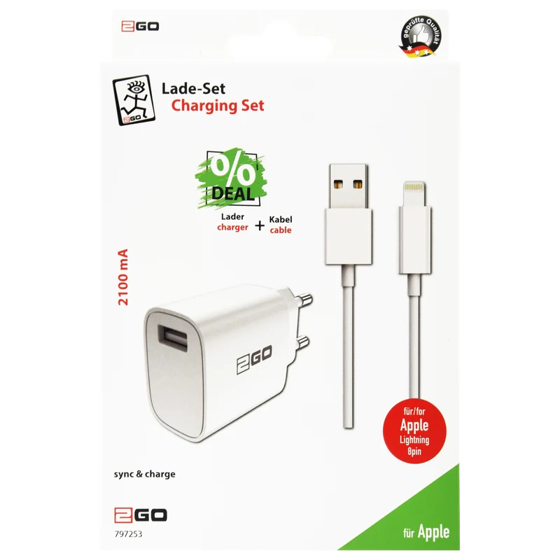 Netz-Ladeset 100 V - 240 V - 2-teilig - 8-Pin (Lightning) Kabel - 1 x USB A - 10 W - 2100 mA - weiß