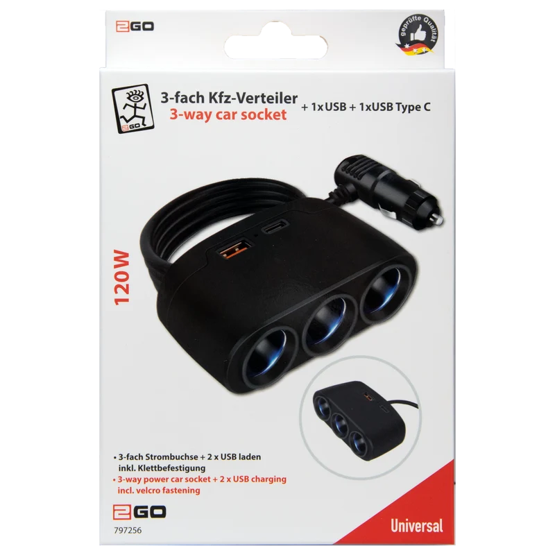 Zigarettenanzünder-Verteiler - 3-fach - 1 x USB A - 1 x USB Type-C - max. 120 W - schwarz