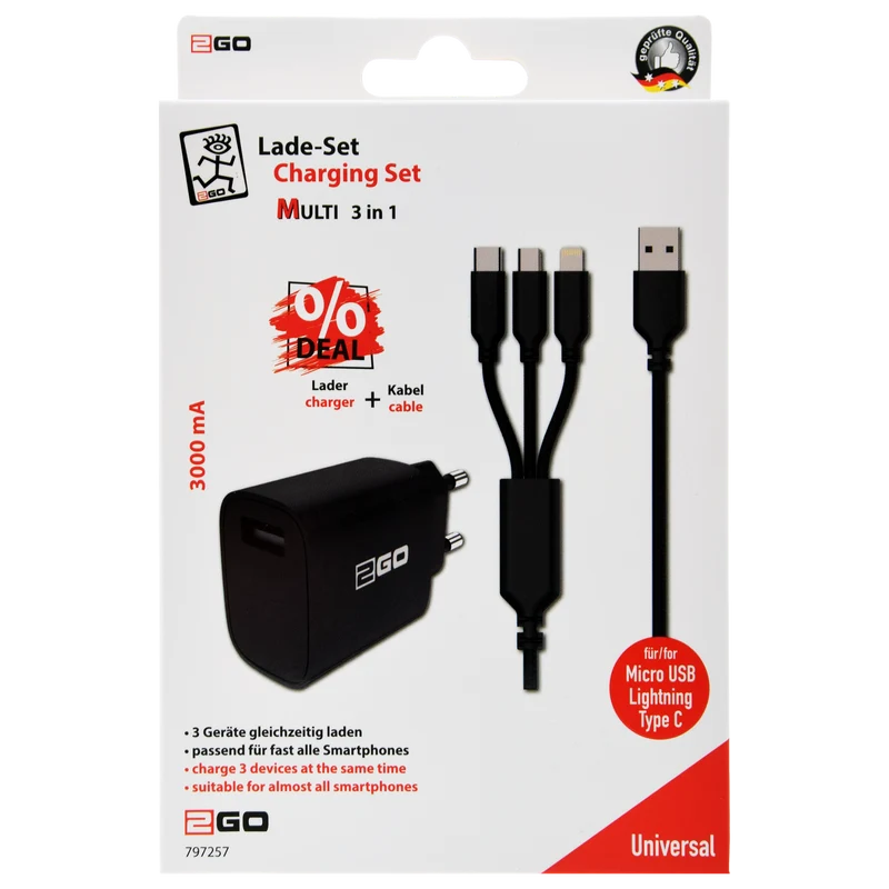 Netz-Ladeset 100 V - 240 V - 2-teilig - 3 in 1 Kabel - 1 x USB A - 15 W - 3000 mA - schwarz