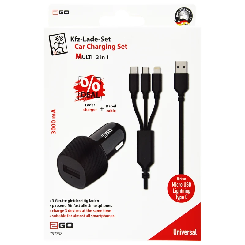 Kfz-Ladeset 12 V / 24 V - 2-teilig - 3 in 1 Kabel - 1 x USB A - 15 W - 3000 mA - schwarz