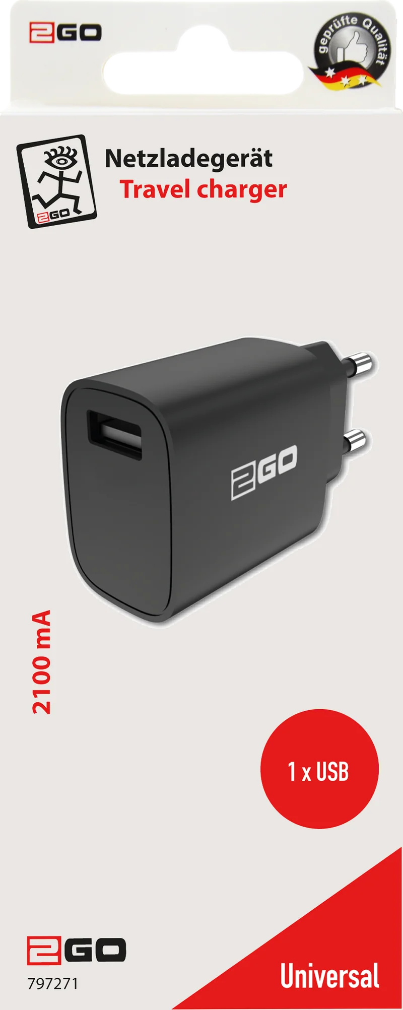 Netz-Ladegerät 100 V - 240 V - 1 x USB A - 10 W - 2100 mA - schwarz