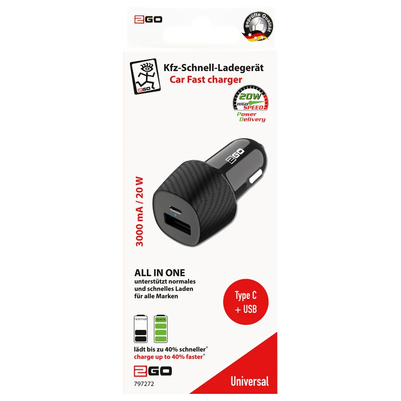Kfz-Ladegerät 12 V / 24 V - Power Delivery & FastCharge - 1 x USB A & 1 x USB Type-C - 20 W - 3000 mA - schwarz