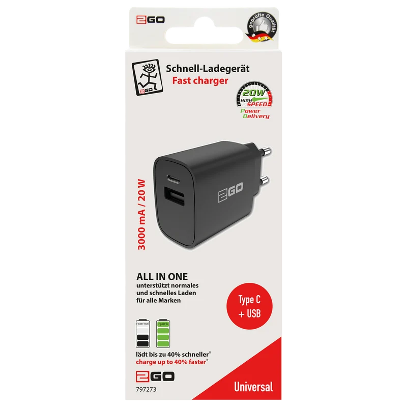 Netz-Ladegerät 100 V - 240 V - 1 x USB A & 1 x USB Type-C - 20 W - 3000 mA - schwarz
