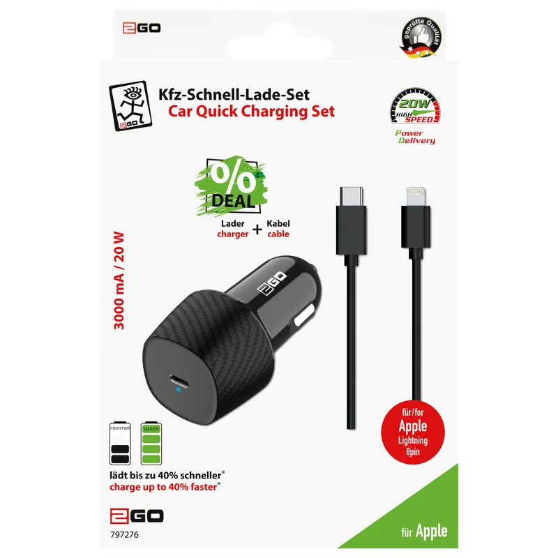 Kfz-Ladeset 12 V / 24 V - (2-teilig) - Power Delivery - 1 x USB Type-C - 20 W - 3000 mA - schwarz