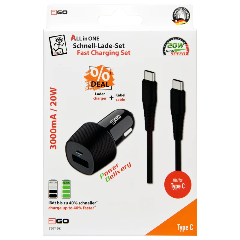 Kfz-Ladeset 12 V / 24 V - 2-teilig - Power Delivery & FastCharge - 1 x USB A & 1 x USB Type-C - 20 W - 3000 mA - schwarz