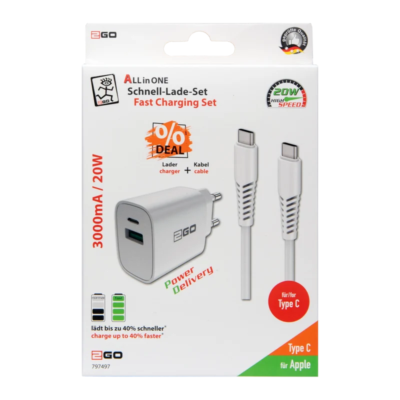 Netz-Ladeset 100 V - 240 V - 2-teilig - Power Delivery - USB Type-C Kabel - 20 W - 3000 mA - weiß
